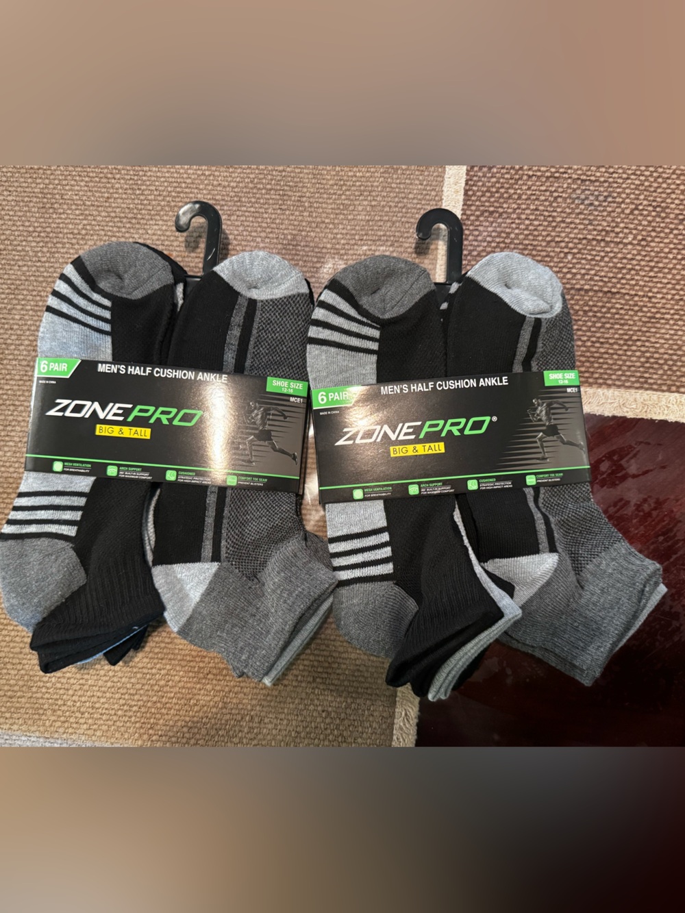 Zone Pro Men's Black and Gray Athletic Cushion Ankle Socks -6 Pack/shoe sz 12-16